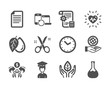 © blankstock - Set of Science icons, such as Mineral oil, Fair trade, Heartbeat, File, Time, Safe planet, Settings blueprint, Scissors, Student, Sharing economy, Chemistry lab, Recovery devices. Vector