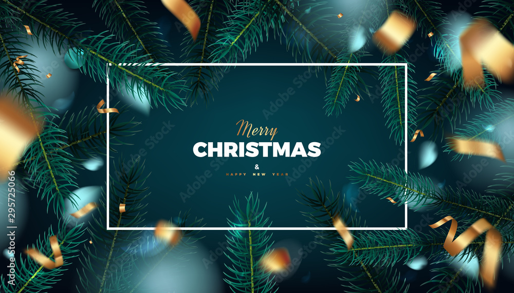 Merry Christmas red background, abstract festive banner with fir tree ...