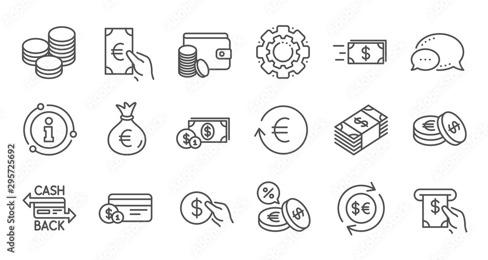Money and payment line icons. Cash, Wallet and Coins. Account cashback linear icon set. Quality line set. Vector - obrazy, fototapety, plakaty 