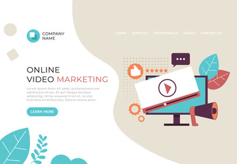 Wall Mural - video marketing web page banner poster concept. vector flat cartoon graphic design illustration