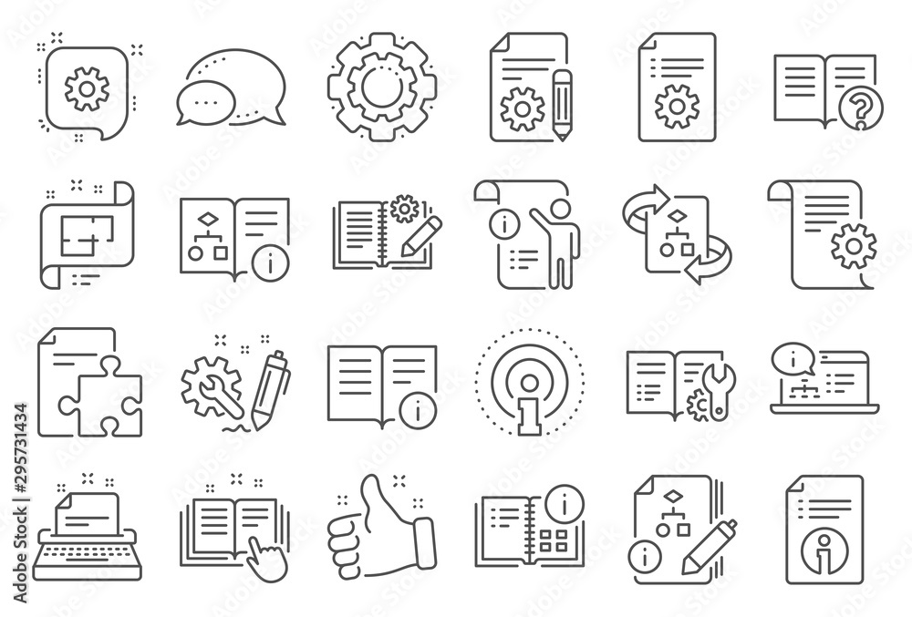 Technical document line icons. Set of Instruction, Plan and Manual icons. Help document, Building plan and Algorithm symbols. Technical blueprint, Engineering instruction, Work tool, building. Vector - obrazy, fototapety, plakaty 