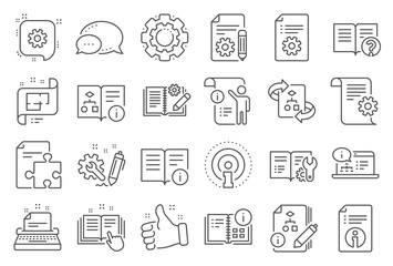 Wall Mural - Technical document line icons. Set of Instruction, Plan and Manual icons. Help document, Building plan and Algorithm symbols. Technical blueprint, Engineering instruction, Work tool, building. Vector