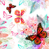 Fototapeta Motyle - Flower abstraction with butterflies. Seamless floral abstract background. Vector illustration