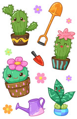 Cute lovely character cartoon kawaii cactus and succulent plants on white background - Vector illustration