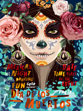 Día De Los Muertos, Mexican Holiday Day Of The Dead And Halloween. Vector Illustration Of A Woman With Sugar Skull Makeup And Flowers - Calavera Catrina For Poster, Card Or Background