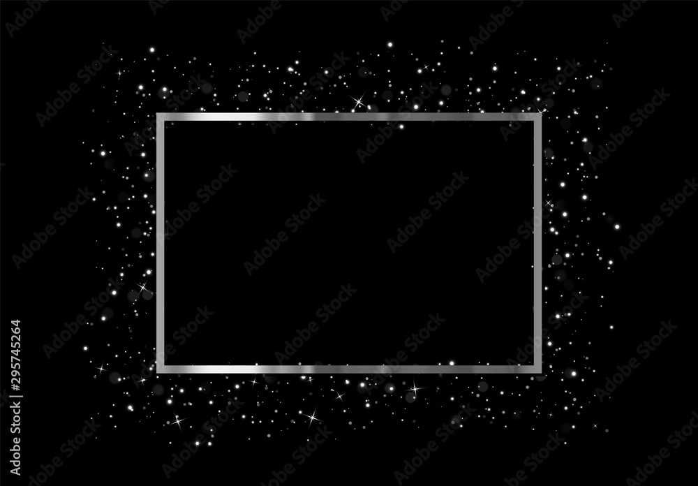 Celebrate Silver frame with glowing lights and sparkle bokeh effects, isolated on background. Shining white glitter rectangle. Luxury premium design template. - obrazy, fototapety, plakaty 