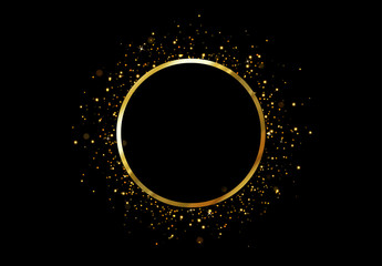 Wall Mural - gold round frame. glowing lights and sparkle bokeh effects, isolated background. shining golden conf