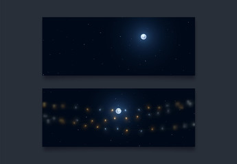 Wall Mural - night background with a bright realistic full moon. blue starry night sky with festive garlands