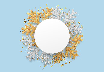 Christmas background with Shining gold Snowflakes. Round frame clean paper sheet space for text, banner, poster. vector illustration.