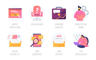 Wall Mural - Recruitment agency and job searching icons set. HR management, personnel hiring, employment contract. Career advice, job offer, send your CV, job seekers, vacancies vector isolated design pack.