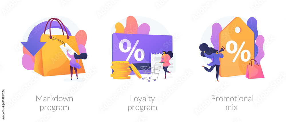 Shopping marketing campaign icons cartoon set. Store special offers advertisement. Markdown program, loyalty program, promotional mix metaphors. Vector isolated concept metaphor illustrations - obrazy, fototapety, plakaty 