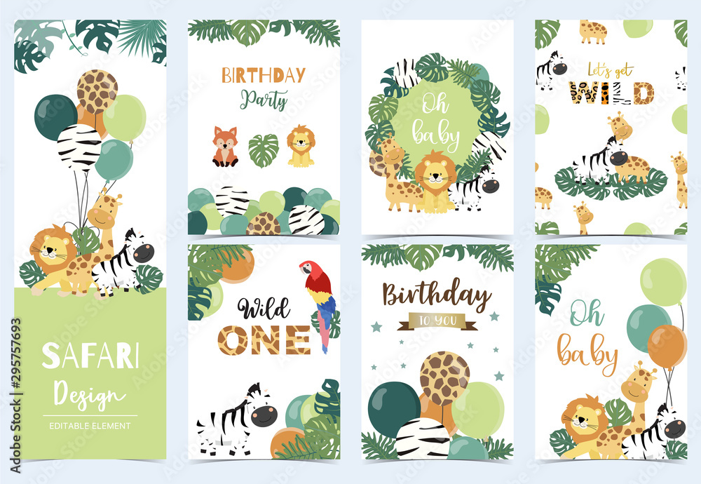 Collection of safari background set with giraffe,balloon,zebra,lion,green.Editable vector illustration for birthday invitation,postcard and sticker.Wording include wild and free - obrazy, fototapety, plakaty 