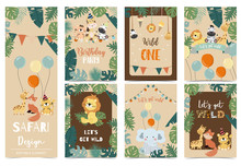 Collection Of Safari Background Set With Giraffe,balloon,zebra,elephant,brown.Editable Vector Illustration For Birthday Invitation,postcard And Sticker.Wording Include Wild And Free