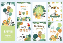 Collection Of Safari Background Set With Giraffe,balloon,zebra,lion,green.Editable Vector Illustration For Birthday Invitation,postcard And Sticker.Wording Include Wild And Free