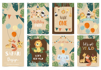 Wall Mural - Collection of safari background set with giraffe,balloon,zebra,elephant,brown.Editable vector illustration for birthday invitation,postcard and sticker.Wording include wild and free