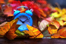 Defocused Blurred Retro Alarm Clock Between Heap Of The Bright Yellow Red Autumn Fallen Leaves Behind Wet From Drop Rain Glass On Wooden Planks. Autumn Beautiful Colorful Background. Selective Focus