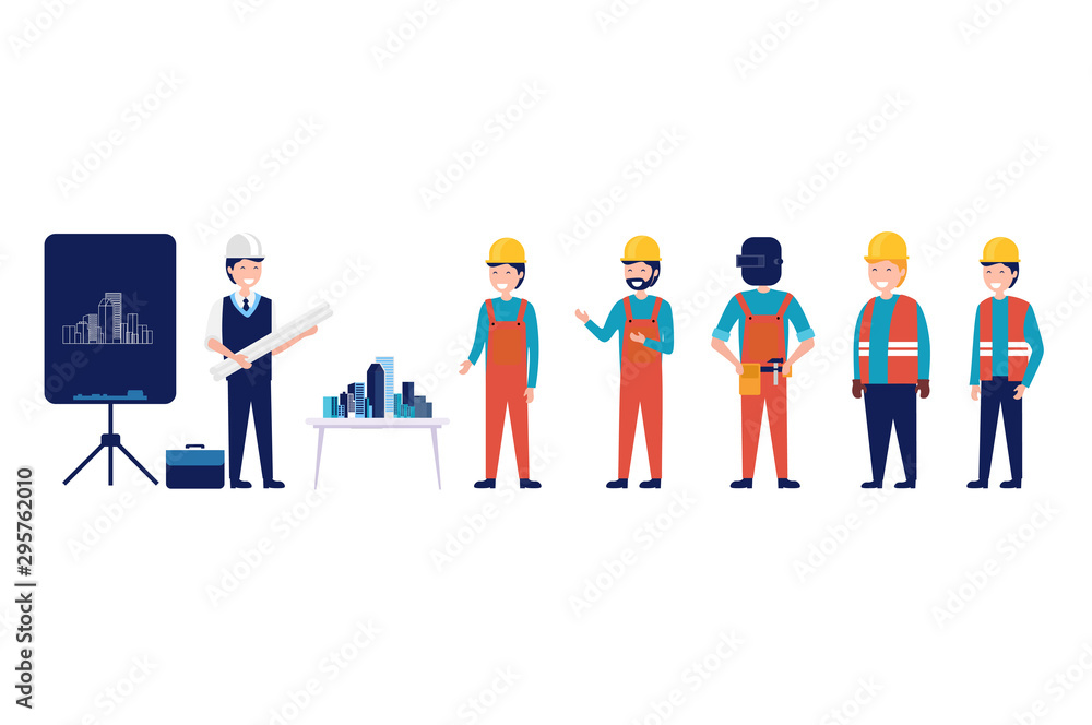 a group of architect and civil egineering  meeting and planning building vector illustration - obrazy, fototapety, plakaty 