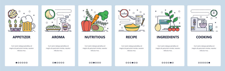 Wall Mural - Mobile app onboarding screens. Cooking food, vegetables, recipe, ingredients, lunch meal. Menu vector banner template for website and mobile development. Web site design flat illustration