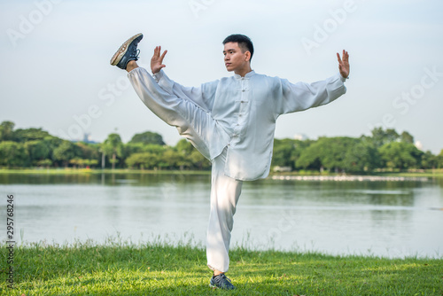 Plakaty Kung fu  trening-mistrza-tai-chi-chuan-w-parku-trening-chinskich-sztuk-walki
