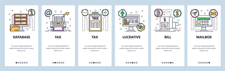 Mobile app onboarding screens. Business and computer technology icons, fax machine, database, financial bill. Vector banner template for website and mobile development. Web site design illustration
