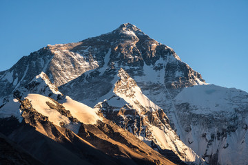 last sunlight on mt everest north face and summit from the base camp in tibet, china