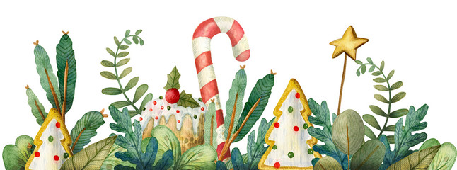 watercolor christmas garland with fir branches and red berries. illustration for greeting cards and 