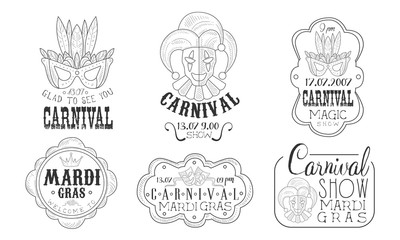 Wall Mural - Carnival Mardi Gras Hand Drawn Retro Labels Set, Magic Show Monochrome Badges Vector Illustration
