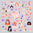Feminist and cute girl power sticker illustration set. Girls portraits, flowers, stickers, sweets with floral decoration. Cute cartoon feministic girl power collection