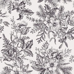 Wall Mural - Christmas seamless pattern with winter plants.