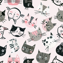 Cartoon Watercolor Cats Seamless Pattern In Pastel Colors. Cute Kitten Faces Background For Kids Design.
