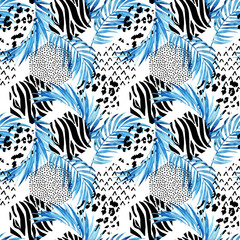 Sticker - Blue watercolor tropical leaves and ornated triangles background. Unusual water color florals and geometric shapes