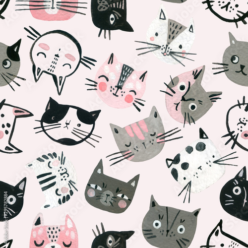 Dekoracja na wymiar  kreskowka-koty-akwarela-bezszwowe-wzor-w-pastelowych-kolorach-sliczny-kotek-stoi-w-tle-dla