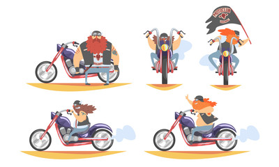 Sticker - Brutal Biker Character Riding Motorbike Set, Motorcyclist in Black Leather Vest and His Motorcycle, Side and Front View Vector Illustration