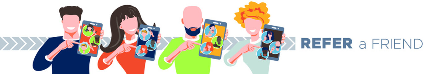 Refer a friend referral program concept. Group of people of different races and nationalities holding smartphone and shows to friends. Character invites to marketing promotion, sharing refer code