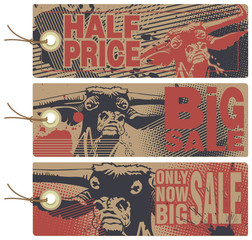 Sale and Discount tags. Angry bull.