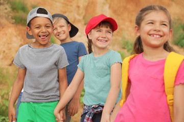 Sticker - Cute little children outdoors on summer day. Camping trip