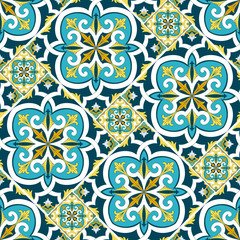 Wall Mural - Italian tile pattern seamless vector with parquet ornaments. Portuguese azulejos, mexico talavera, sicily majolica, spanish ceramic. Venetian mosaic texture for kitchen floor or bathroom wall.