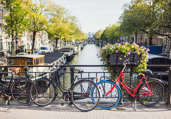 Wall Mural - Charming canal with boat houses and bicycles in Amsterdam old town, Netherlands. Popular travel destination and tourist attraction. City life concept