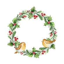 Watercolor Vector Christmas Wreath With Fir Branches And Birds.
