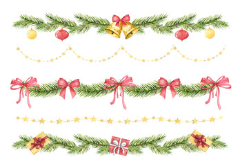 Wall Mural - Watercolor vector Christmas set of borders of spruce green branches and gifts.