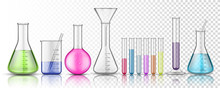 Set Of Isolated Glassware Flask Or Glass Bottle For Chemistry On Transparent Background. Test Tube For Chemical Laboratory Or Science Lab, Medicine Or Pharmacology Liquid, Fluid Measurement. Biology