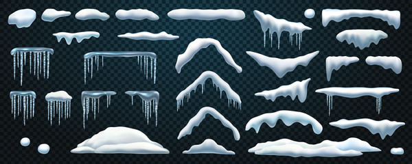 set of isolated snowdrift and icicle, snow cap and snowball, snowflake decoration or ice template, f