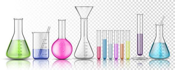 set of isolated glassware flask or glass bottle for chemistry on transparent background. test tube f