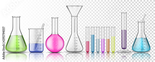 Fotomural Set of isolated glassware flask or glass bottle for chemistry on transparent background
