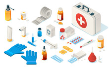 Set Of Isolated First Aid Kid Tools Or Items Of Medical Emergency Box. Isometric Icon For Doctor, Hospital And Clinic. Enema, Thermometer, Drug, Pills, Plaster, Bandage, Gloves, Syringe, Healthcare