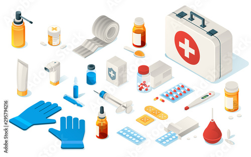 Fotomural Set of isolated first aid kid tools or items of medical emergency box