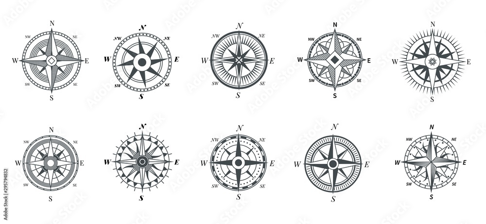 Vintage compass. Nautical wind rose, compasses for travel map, vintage marine navigation arrow symbols, retro outline vector set. Compass travel, old wind rose for sea adventure illustration - obrazy, fototapety, plakaty 