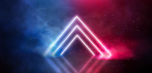 dark background of the street, thick fog, spotlight, blue and red neon. abstract background with neo