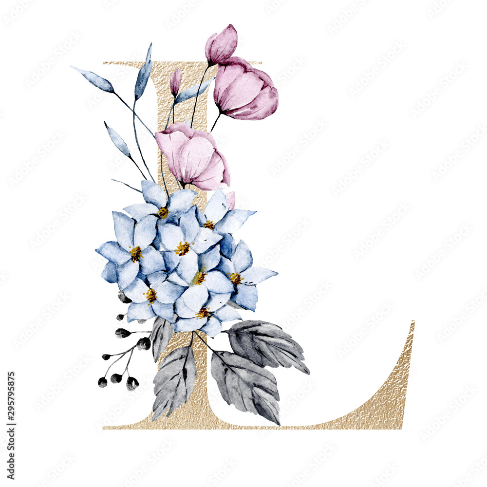 Letter l with watercolor flowers and leaves. Gold floral alphabet