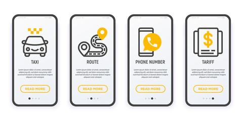 Taxi app user mobile interface. Thin line icons: taxi, route, phone number and tariff. Modern vector illustration.